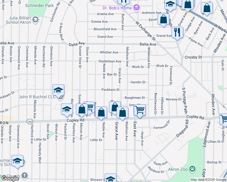 map of restaurants, bars, coffee shops, grocery stores, and more near 352 Grace Avenue in Akron