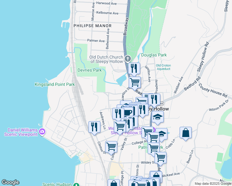 map of restaurants, bars, coffee shops, grocery stores, and more near 381 Broadway in Sleepy Hollow