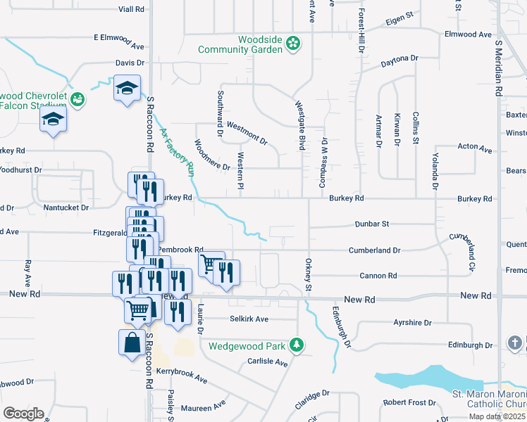 map of restaurants, bars, coffee shops, grocery stores, and more near 4150 Burkey Road in Youngstown