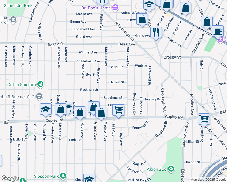 map of restaurants, bars, coffee shops, grocery stores, and more near 904 Hamlin Street in Akron