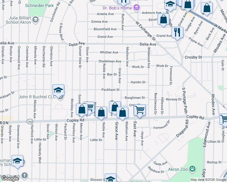 map of restaurants, bars, coffee shops, grocery stores, and more near 352 Grace Avenue in Akron