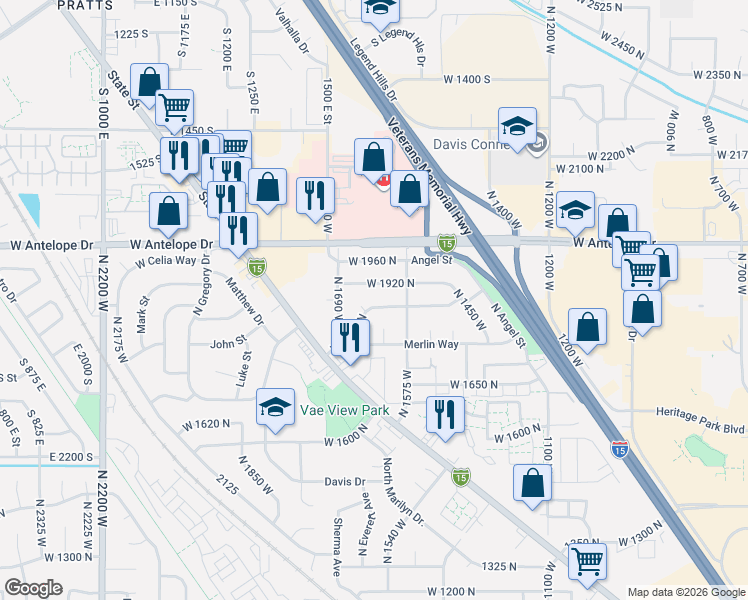map of restaurants, bars, coffee shops, grocery stores, and more near 1618 West Camelot Drive in Layton