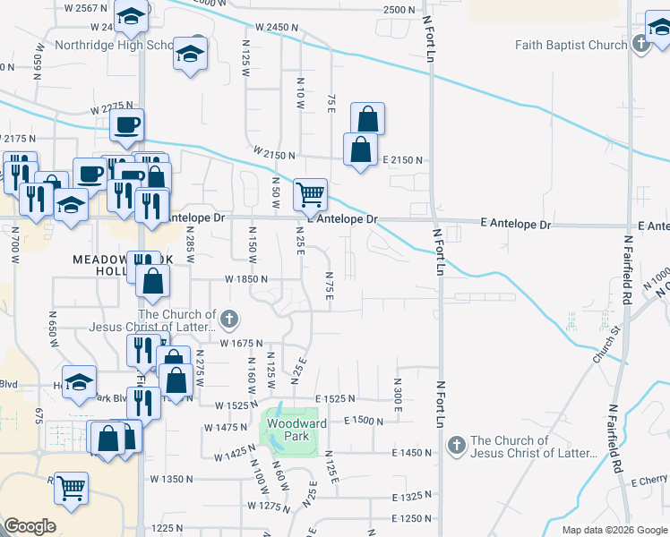 map of restaurants, bars, coffee shops, grocery stores, and more near 1868 North 75 East in Layton