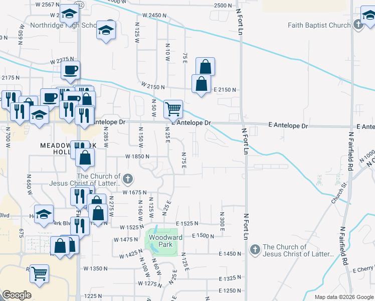 map of restaurants, bars, coffee shops, grocery stores, and more near 1868 North 75 East in Layton