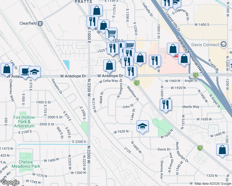 map of restaurants, bars, coffee shops, grocery stores, and more near 1988 West 1900 North in Layton