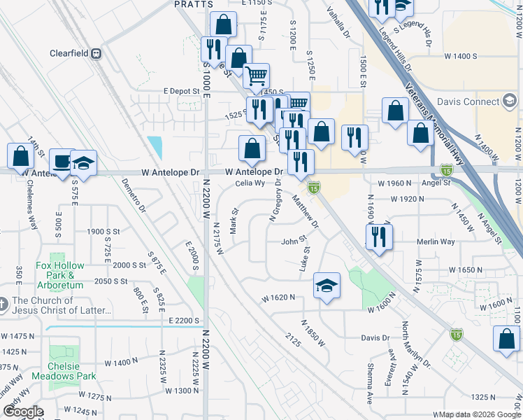map of restaurants, bars, coffee shops, grocery stores, and more near 1988 West 1900 North in Layton