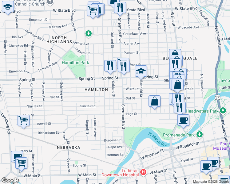 map of restaurants, bars, coffee shops, grocery stores, and more near 1010 West 4th Street in Fort Wayne