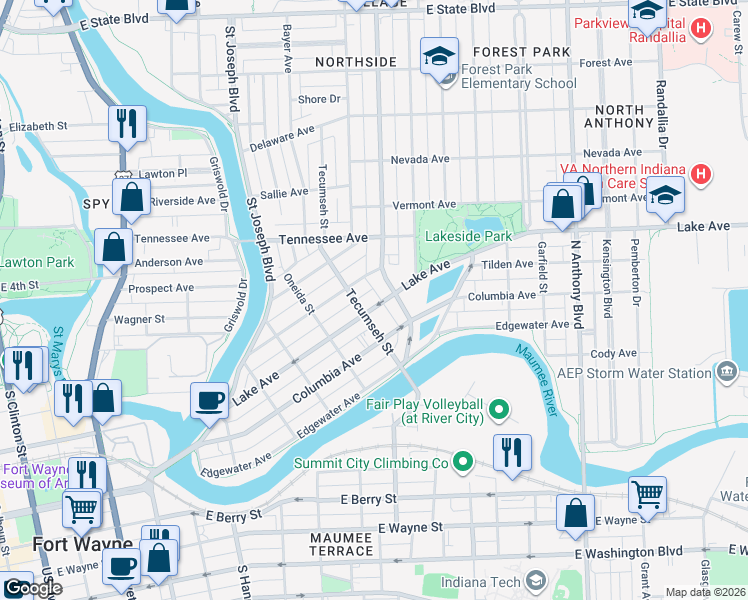 map of restaurants, bars, coffee shops, grocery stores, and more near 1115 Crescent Avenue in Fort Wayne