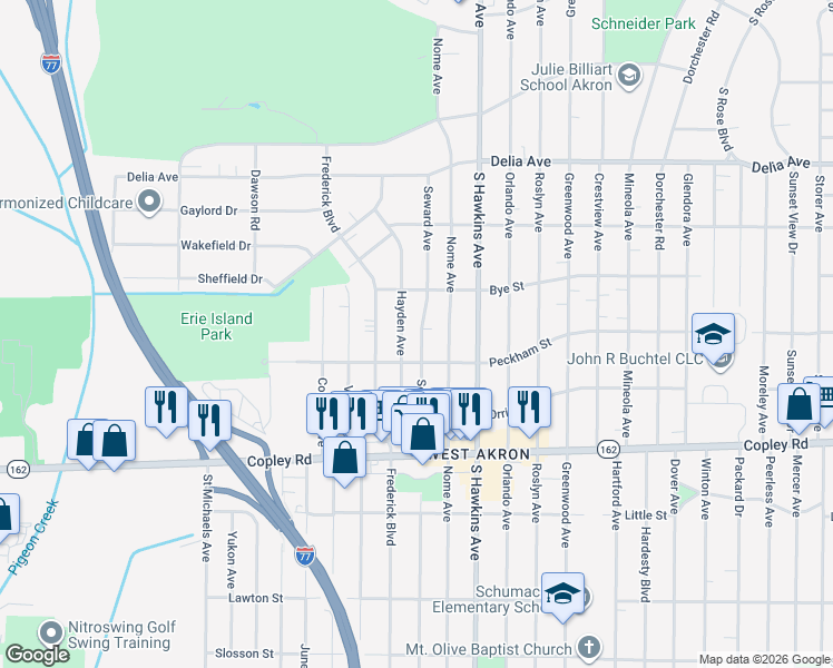 map of restaurants, bars, coffee shops, grocery stores, and more near 785 Seward Avenue in Akron