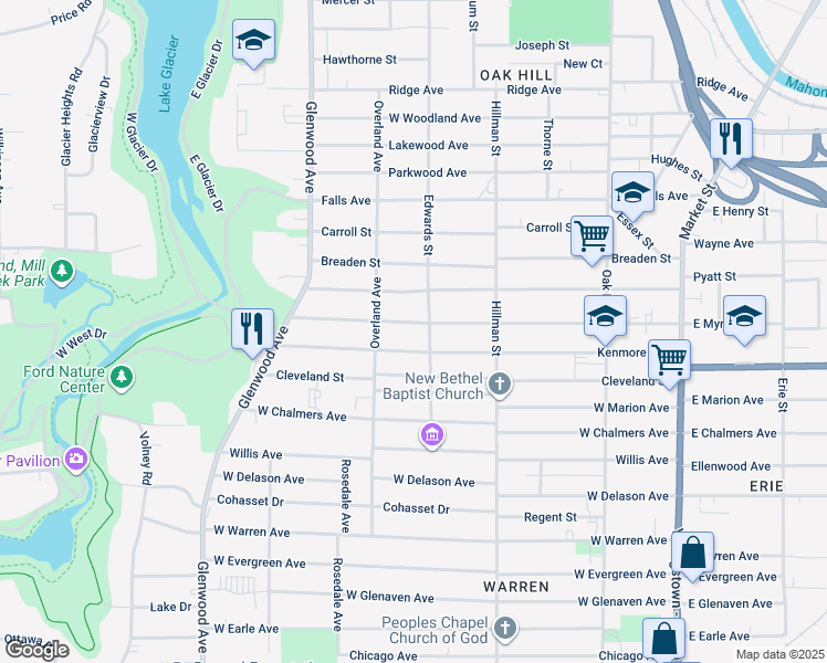 map of restaurants, bars, coffee shops, grocery stores, and more near 410 West Myrtle Avenue in Youngstown