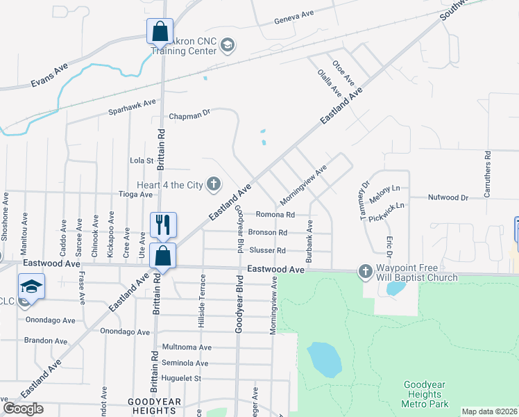 map of restaurants, bars, coffee shops, grocery stores, and more near 1660 Chapman Drive in Akron
