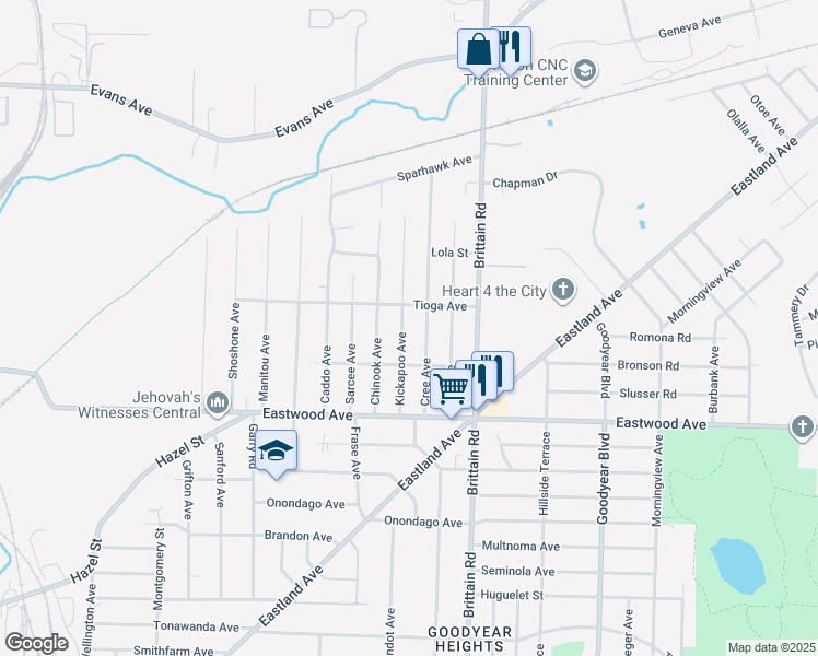 map of restaurants, bars, coffee shops, grocery stores, and more near 1364 Tioga Avenue in Akron