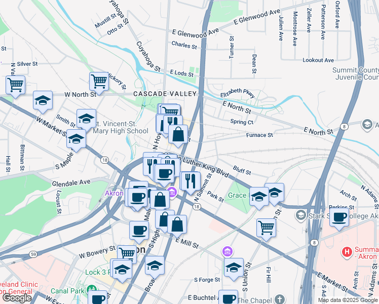 map of restaurants, bars, coffee shops, grocery stores, and more near 56 Furnace Street in Akron