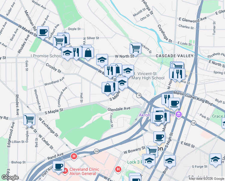 map of restaurants, bars, coffee shops, grocery stores, and more near 215 Myrtle Place in Akron