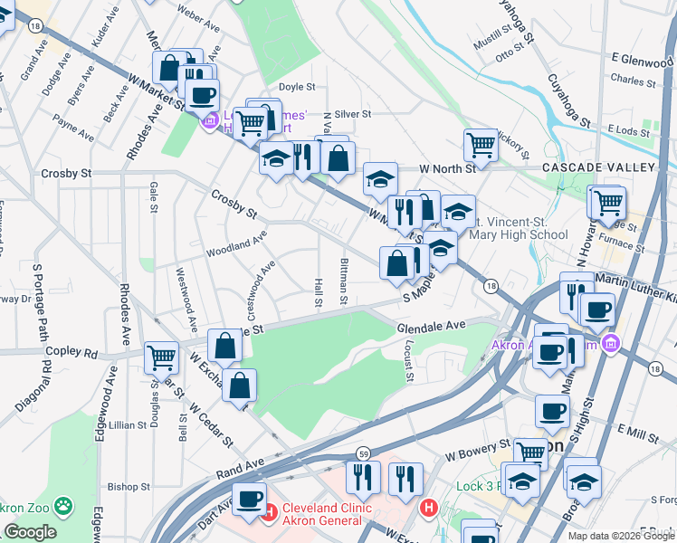 map of restaurants, bars, coffee shops, grocery stores, and more near 284 Crosby Street in Akron