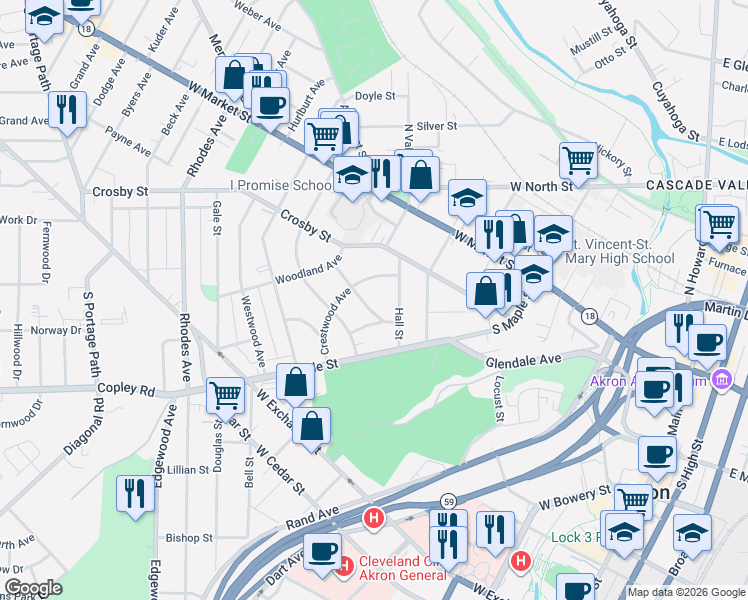 map of restaurants, bars, coffee shops, grocery stores, and more near 346 Crestwood Avenue in Akron