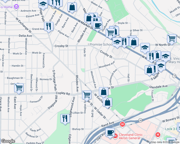 map of restaurants, bars, coffee shops, grocery stores, and more near 43 Woodland Avenue in Akron