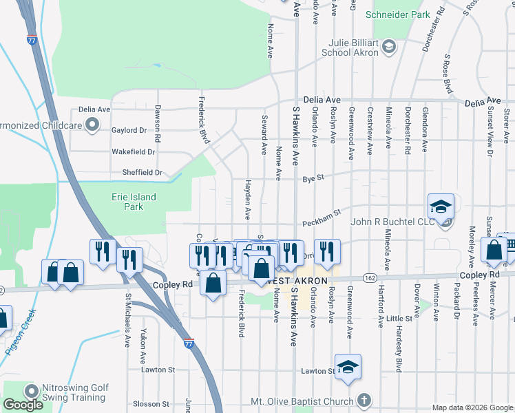 map of restaurants, bars, coffee shops, grocery stores, and more near 785 Seward Avenue in Akron