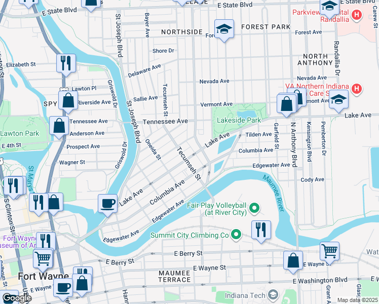 map of restaurants, bars, coffee shops, grocery stores, and more near 1115 Crescent Avenue in Fort Wayne