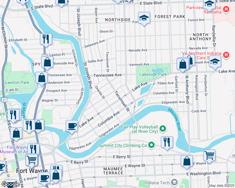 map of restaurants, bars, coffee shops, grocery stores, and more near 1203 Rivermet Avenue in Fort Wayne
