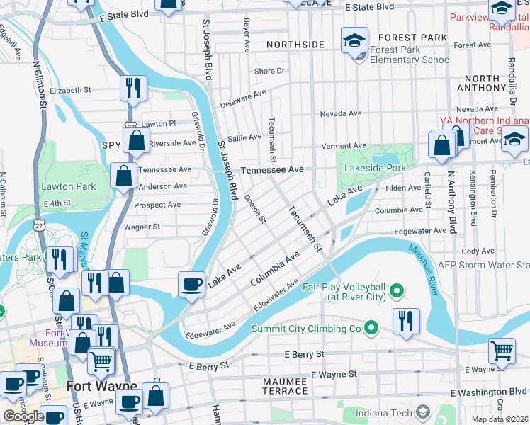 map of restaurants, bars, coffee shops, grocery stores, and more near 1114 Elmwood Avenue in Fort Wayne