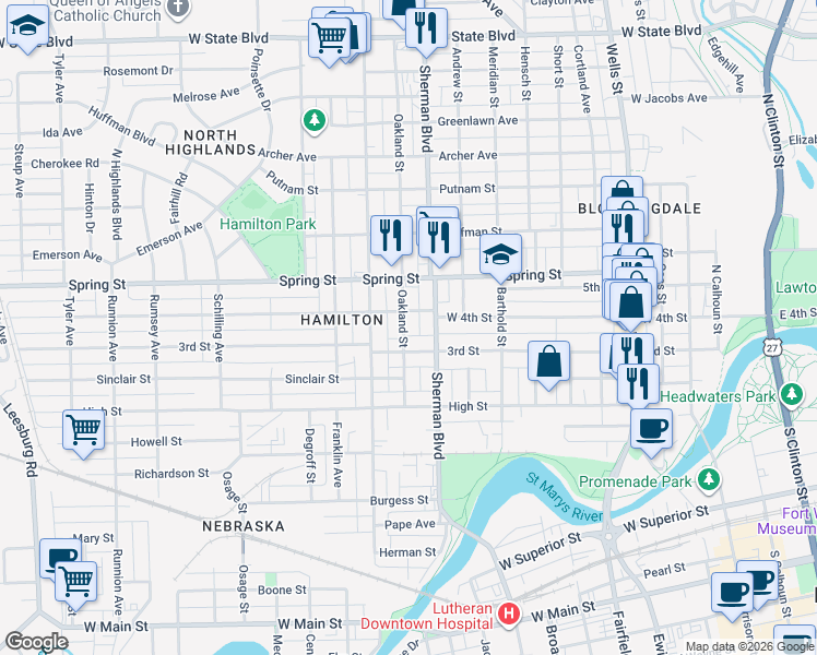 map of restaurants, bars, coffee shops, grocery stores, and more near 1010 West 4th Street in Fort Wayne