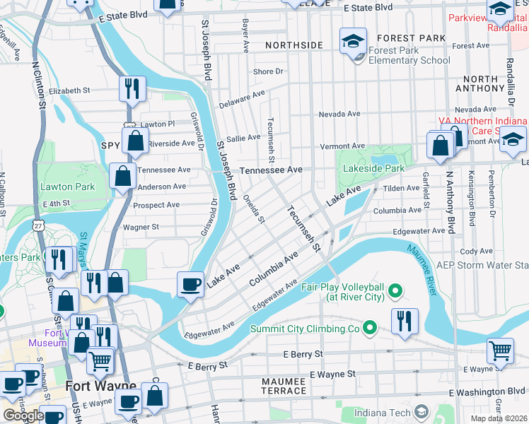 map of restaurants, bars, coffee shops, grocery stores, and more near 1114 Elmwood Avenue in Fort Wayne