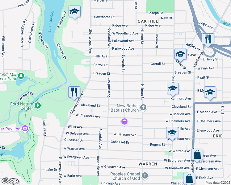 map of restaurants, bars, coffee shops, grocery stores, and more near 410 West Myrtle Avenue in Youngstown
