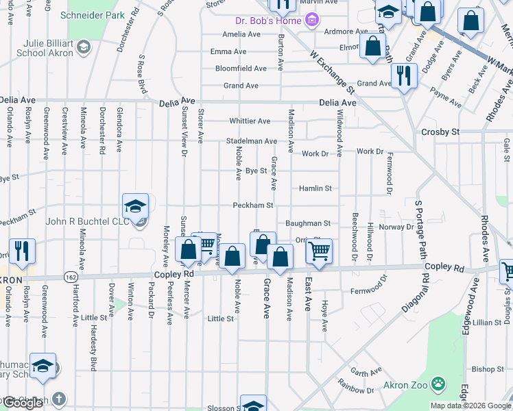 map of restaurants, bars, coffee shops, grocery stores, and more near 451 Bacon Avenue in Akron