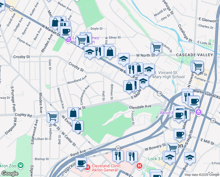 map of restaurants, bars, coffee shops, grocery stores, and more near 284 Crosby Street in Akron