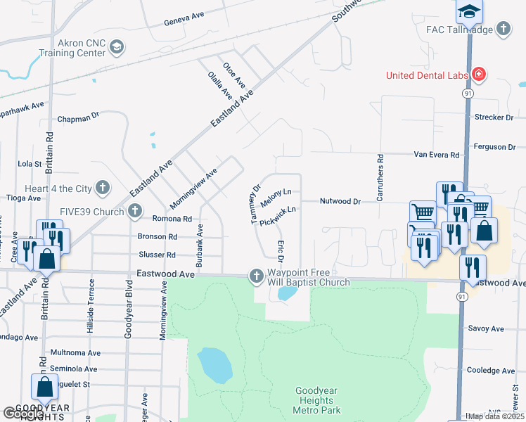 map of restaurants, bars, coffee shops, grocery stores, and more near 441 Tammery Drive in Tallmadge