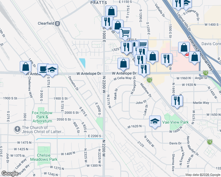 map of restaurants, bars, coffee shops, grocery stores, and more near 1870 North Celia Way in Layton