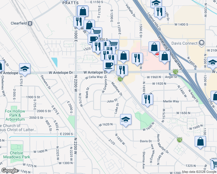 map of restaurants, bars, coffee shops, grocery stores, and more near 1973 Matthew Drive in Layton