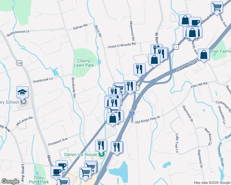 map of restaurants, bars, coffee shops, grocery stores, and more near 8 Birch Road in Darien