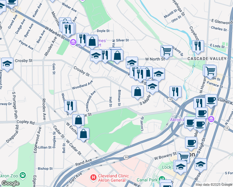 map of restaurants, bars, coffee shops, grocery stores, and more near 284 Crosby Street in Akron