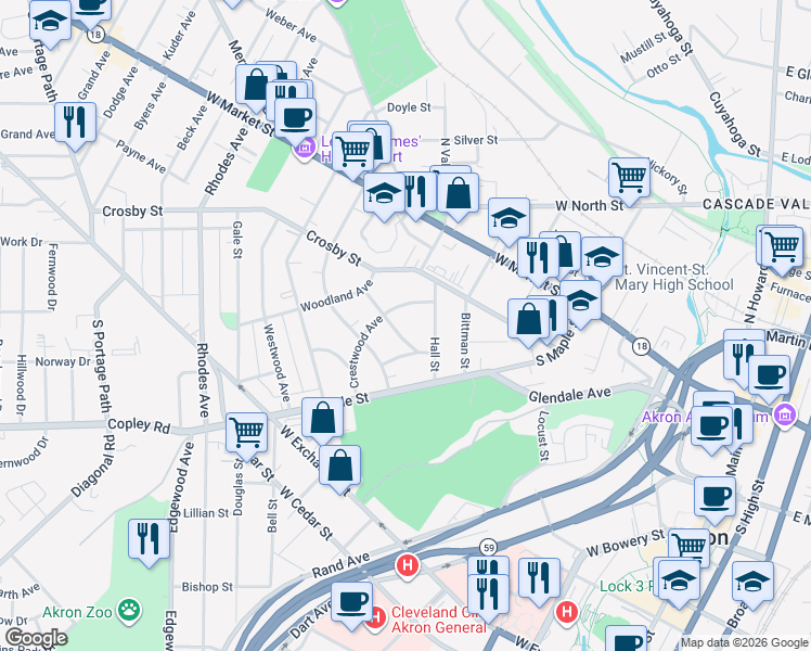 map of restaurants, bars, coffee shops, grocery stores, and more near 346 Crestwood Avenue in Akron