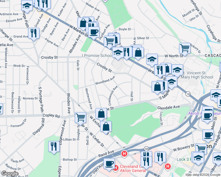 map of restaurants, bars, coffee shops, grocery stores, and more near 426 Woodland Avenue in Akron