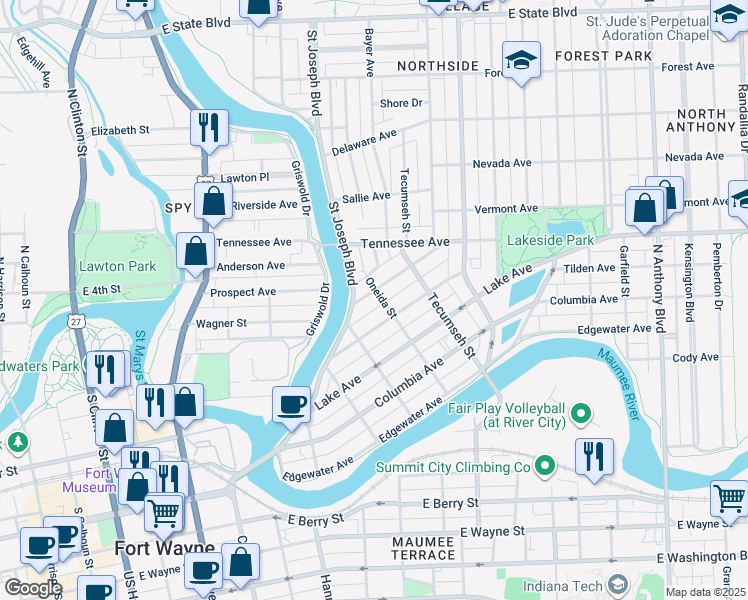 map of restaurants, bars, coffee shops, grocery stores, and more near 1318 Saint Joseph Boulevard in Fort Wayne