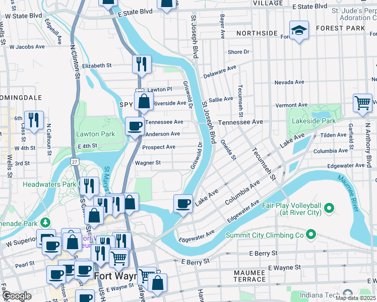 map of restaurants, bars, coffee shops, grocery stores, and more near 717 Prospect Avenue in Fort Wayne