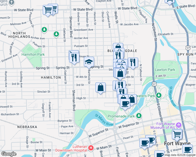map of restaurants, bars, coffee shops, grocery stores, and more near 612 West 4th Street in Fort Wayne
