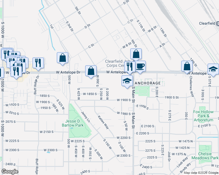 map of restaurants, bars, coffee shops, grocery stores, and more near 175 Antelope Drive in Layton