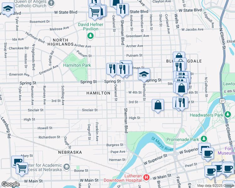 map of restaurants, bars, coffee shops, grocery stores, and more near 1428 Oakland Street in Fort Wayne