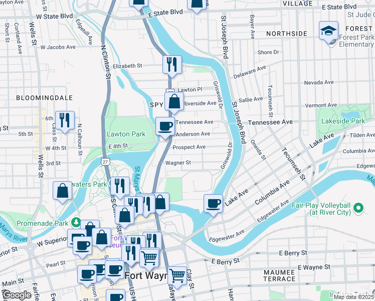 map of restaurants, bars, coffee shops, grocery stores, and more near 612 Prospect Avenue in Fort Wayne