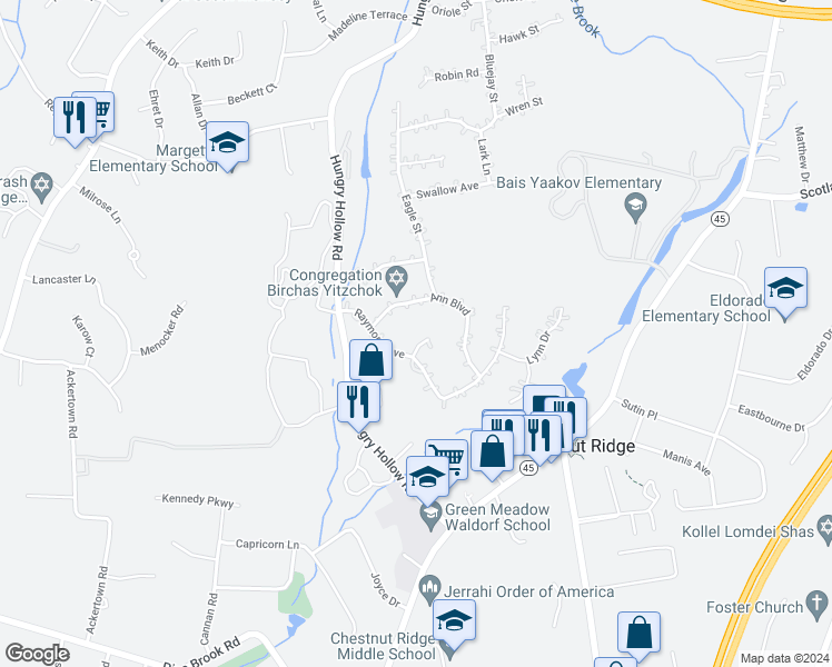 map of restaurants, bars, coffee shops, grocery stores, and more near 3 Dennis Court in Spring Valley