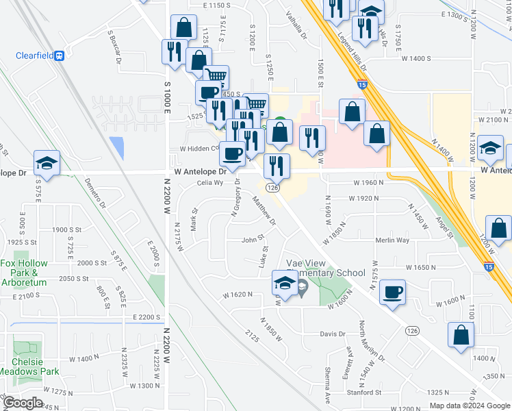 map of restaurants, bars, coffee shops, grocery stores, and more near 1935 Matthew Drive in Layton