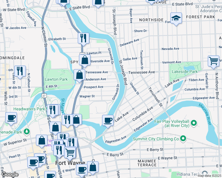 map of restaurants, bars, coffee shops, grocery stores, and more near 717 Prospect Avenue in Fort Wayne