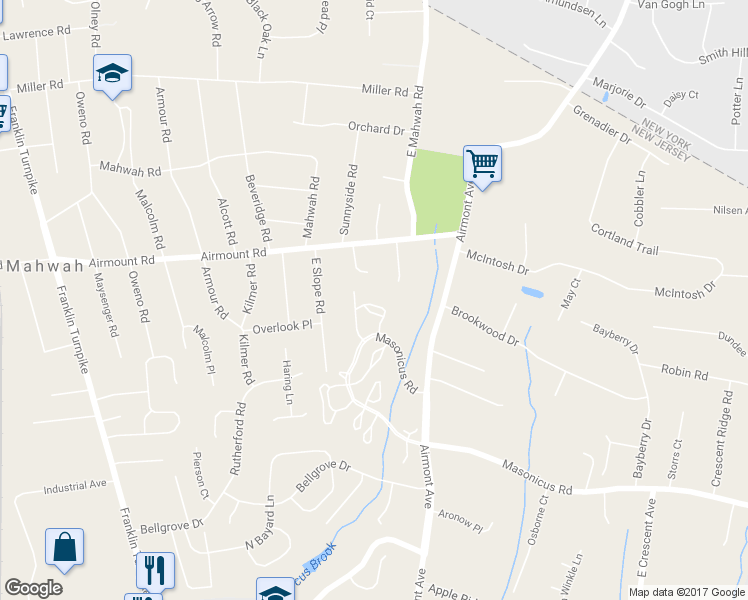 map of restaurants, bars, coffee shops, grocery stores, and more near 1444 York Street in Mahwah