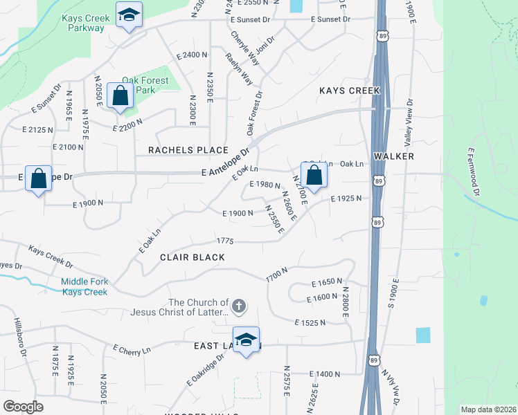map of restaurants, bars, coffee shops, grocery stores, and more near 2509 East 1900 North in Layton