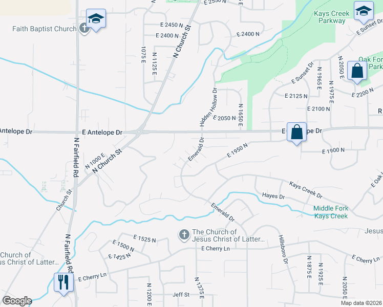 map of restaurants, bars, coffee shops, grocery stores, and more near 1374 East Primrose Lane in Layton