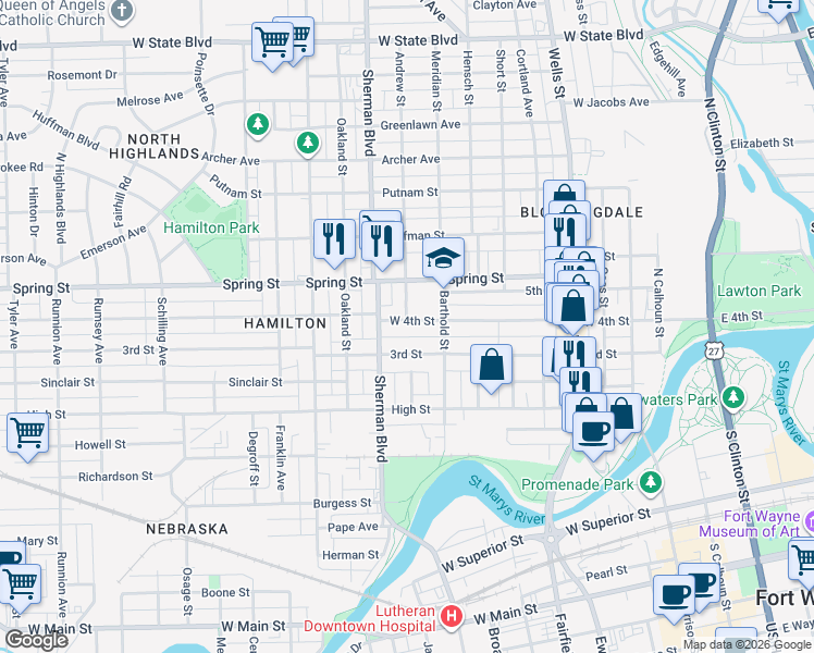 map of restaurants, bars, coffee shops, grocery stores, and more near 1505 Andrew Street in Fort Wayne